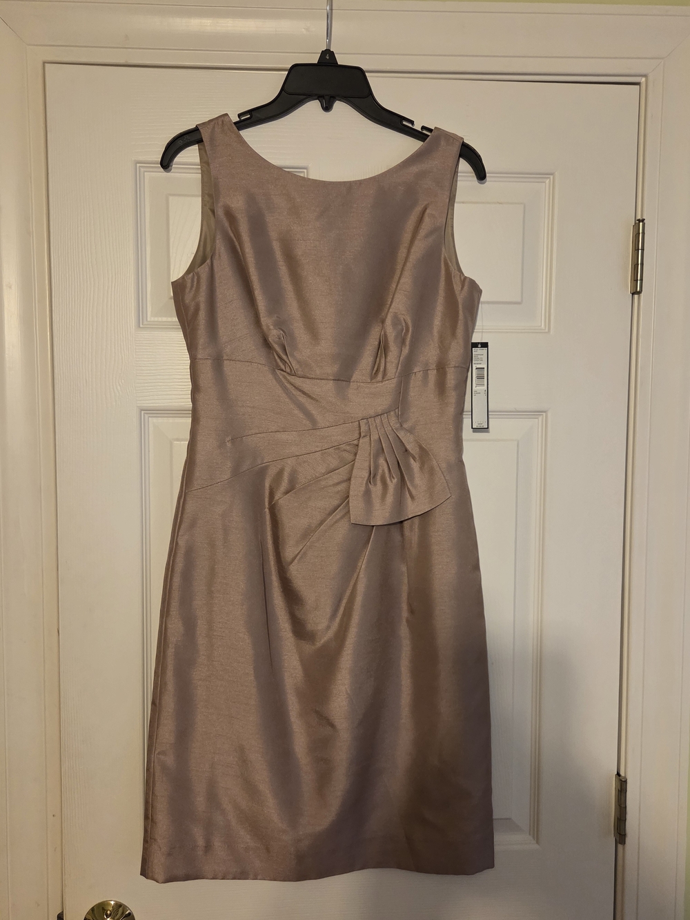 Sleeveless Taupe Satin-Look Midi Dress with Waist Bow